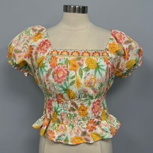 NWOT  Rachel Zoe Puff Sleeve Milkmaid Top Size 8 Pineapple Floral Embroidered